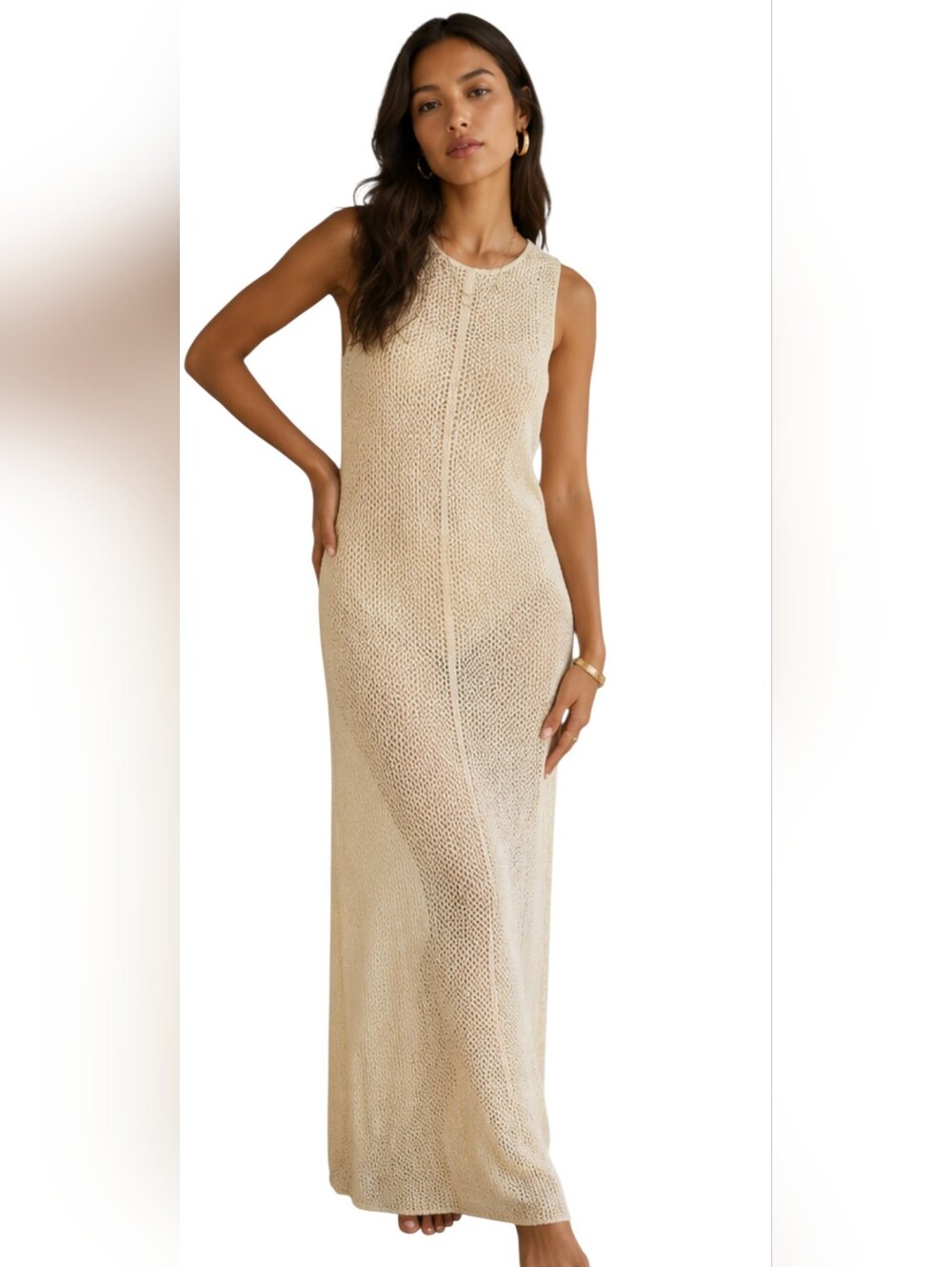 Zara Open Knit Metallic Maxi Cover-Up Dress NWT Size Small Cream Beach Resort